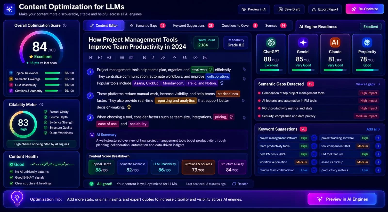 Content-optimization workspace for LLMs